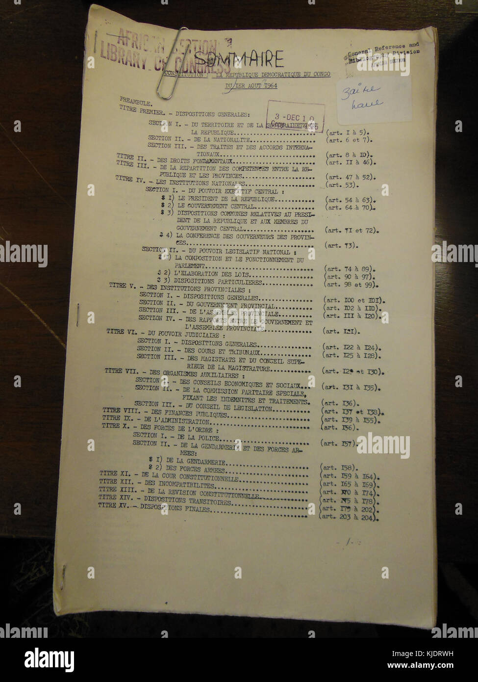 1964 Congo Constitution Table of Contents 01 Stock Photo Alamy