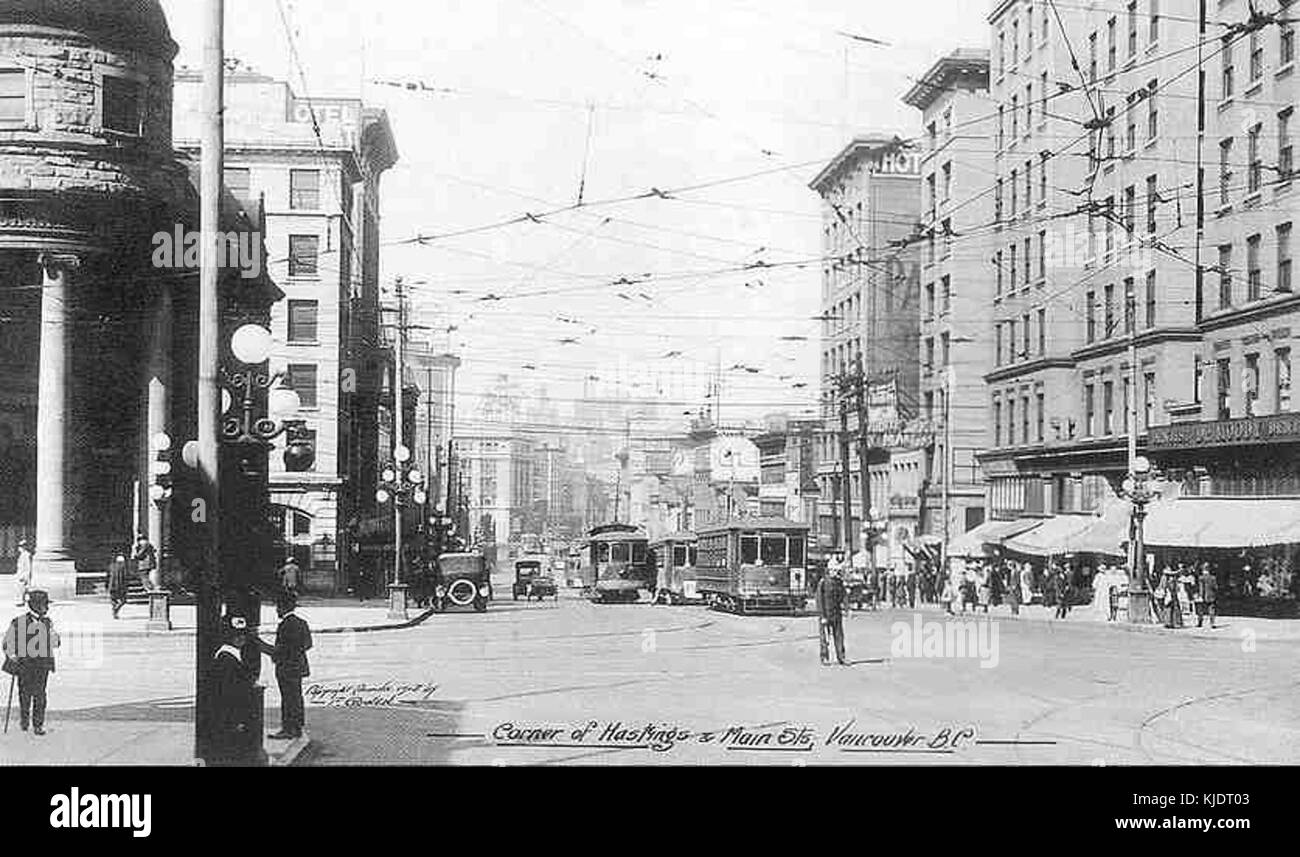Old streetcars at the Corner of Hastings and Main, Vancouver Stock Photo