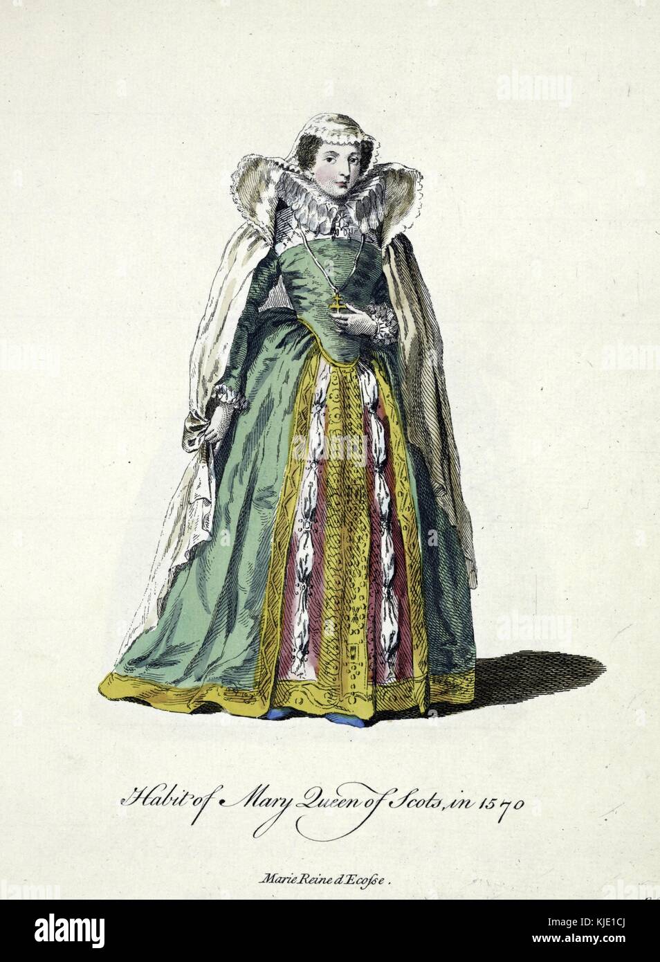Hand colored engraving of Mary Queen of Scots, titled 'Habit of Mary Queen of Scots in 1570, Marie reine d'Ecosse', depicting royal dresswear, with wide pleated collar, cape, and veil, 1764. From the New York Public Library. Stock Photo