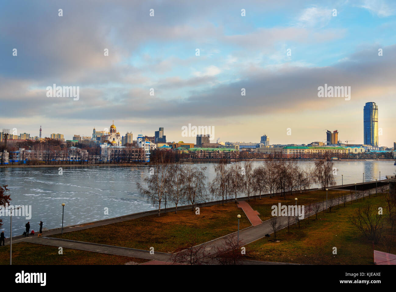 View of Iset river embankment on sunset. Yekaterinburg. The Urals. Russia Stock Photo