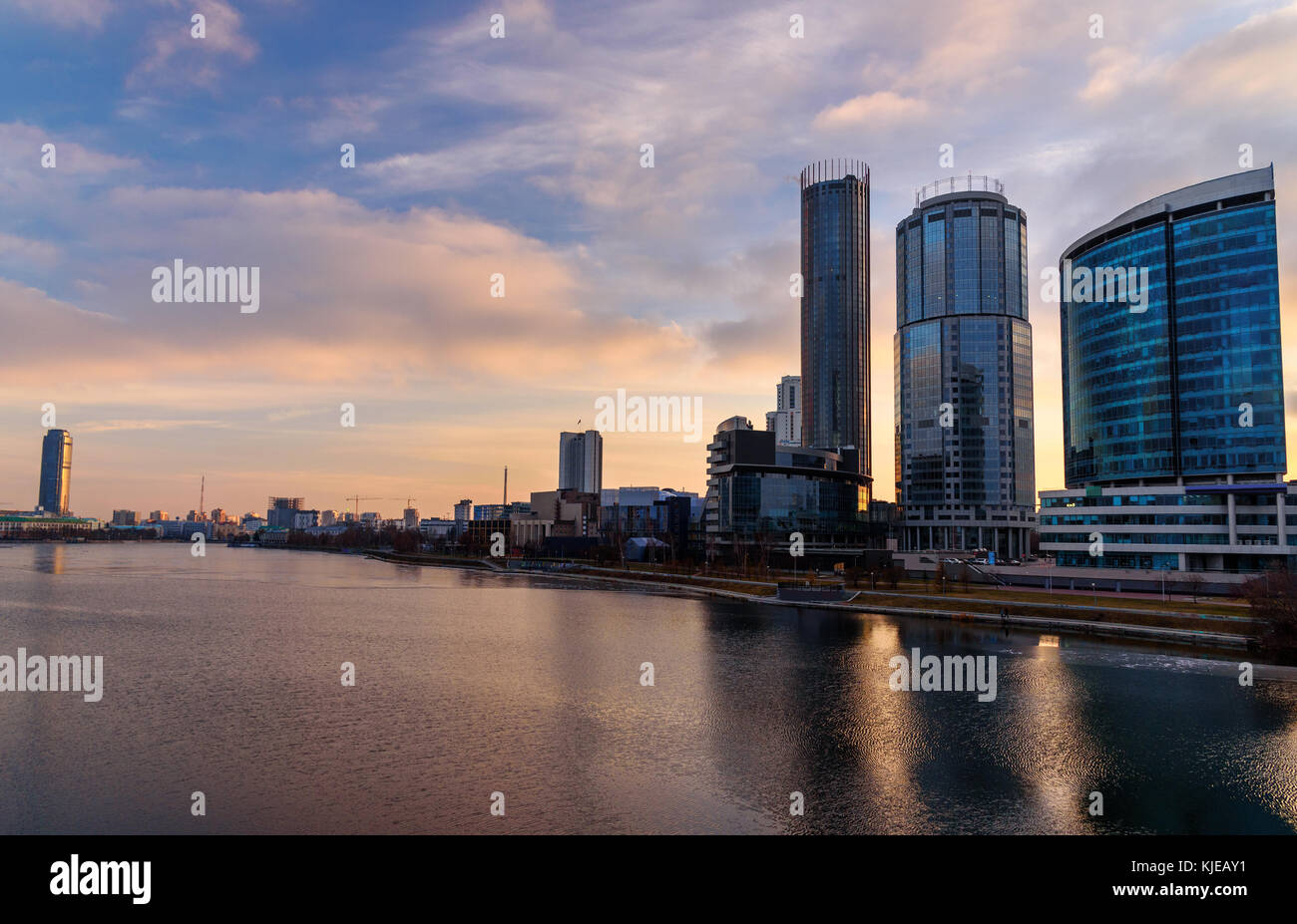 View of commercial district Yekaterinburg-City on sunset. Russia Stock Photo