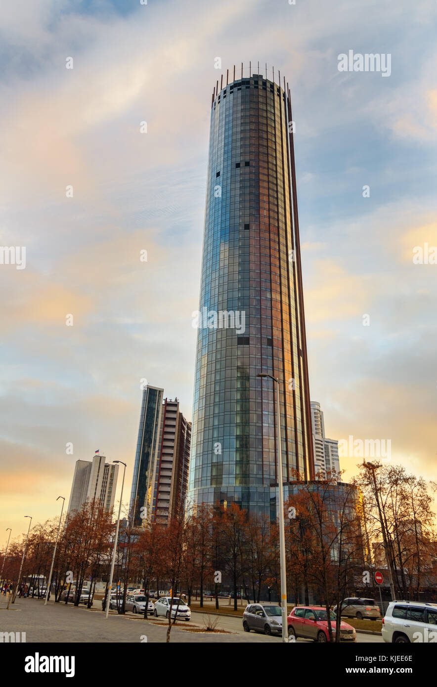 Yekaterinburg, Russia - 11 November, 2017: View of Iset tower on sunset. It is 52-story skyscraper in commercial district Yekaterinburg-City Stock Photo