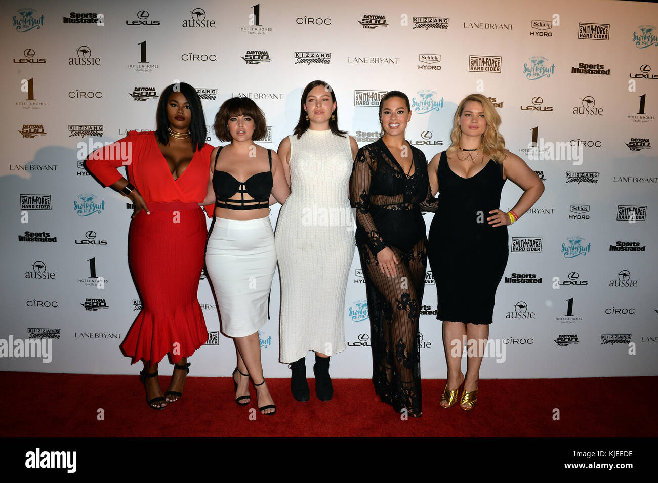 MIAMI BEACH, FL - FEBRUARY 17: Precious Lee, Denise Bidot, Georgia Pratt,  Ashley Graham and Tara Lynn attends the Sports Illustrated Swimsuit 2016  Swim BBQ VIP on February 17, 2016 in in