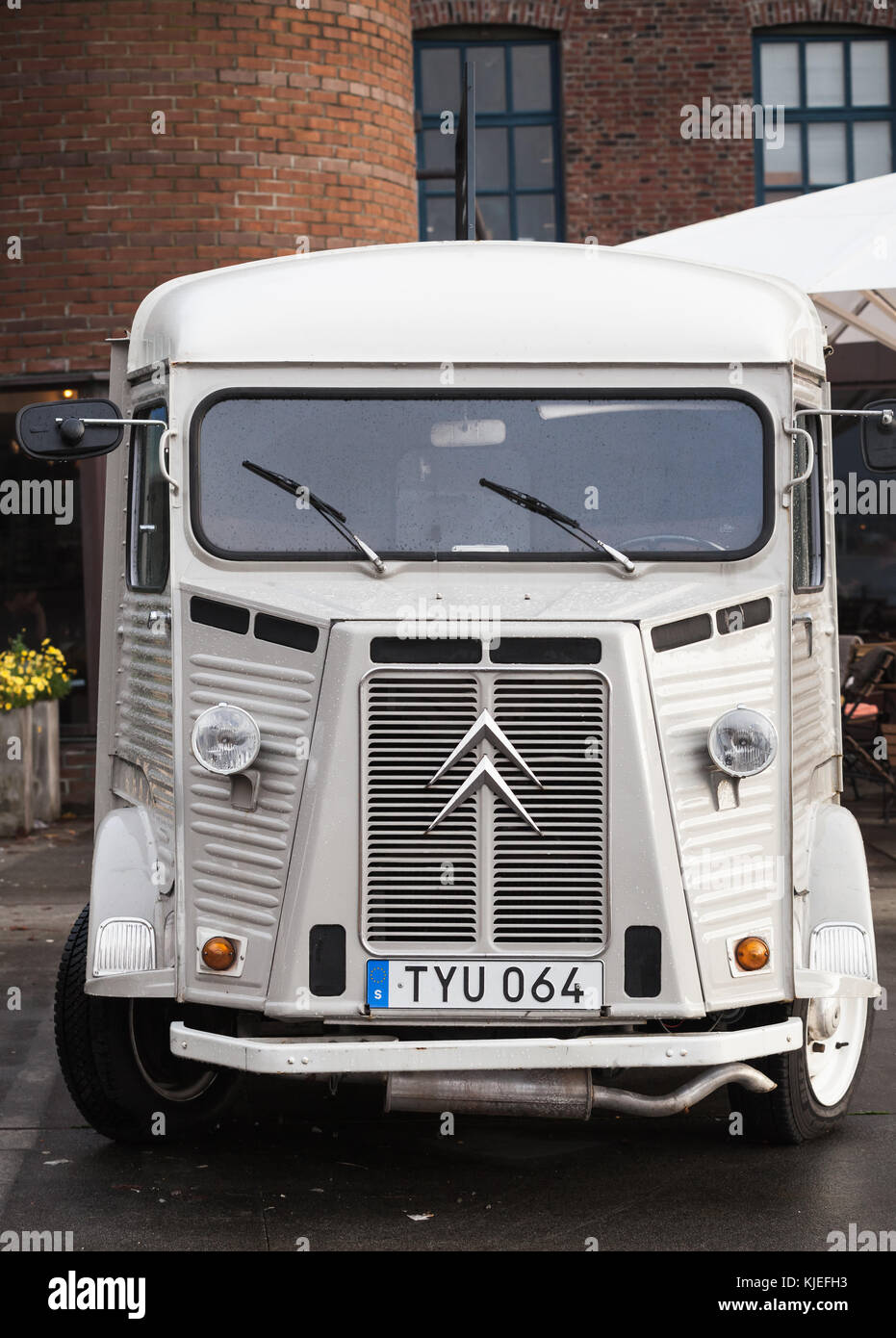 Bergen, Norway - November 14, 2017: White Citroen H Van, 1969 model stands on a roadside, front view Stock Photo