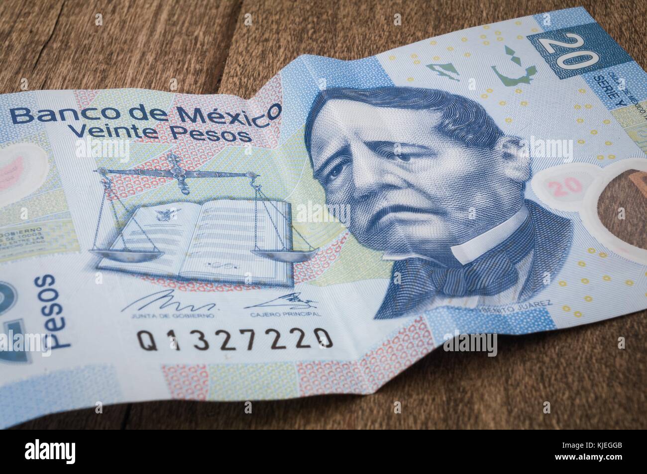 A 20 mexican pesos bill seems to be sad. Stock Photo