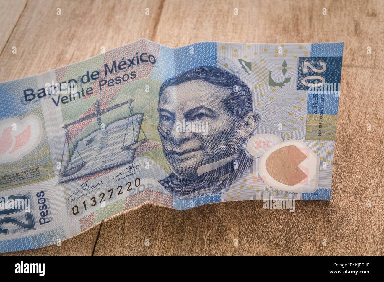 A 20 mexican pesos bill seems to be happy. Stock Photo