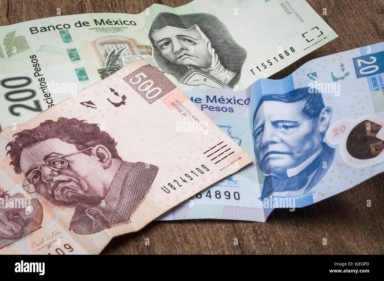 Bills of 20, 200 and 500 Mexican pesos seem sad. Stock Photo