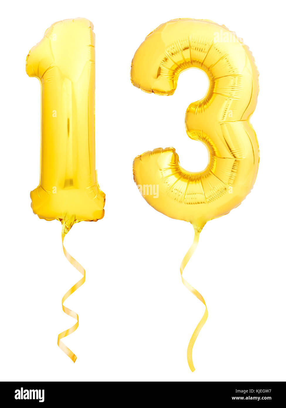 Golden number 13 thirteen made of inflatable balloon with golden ribbon