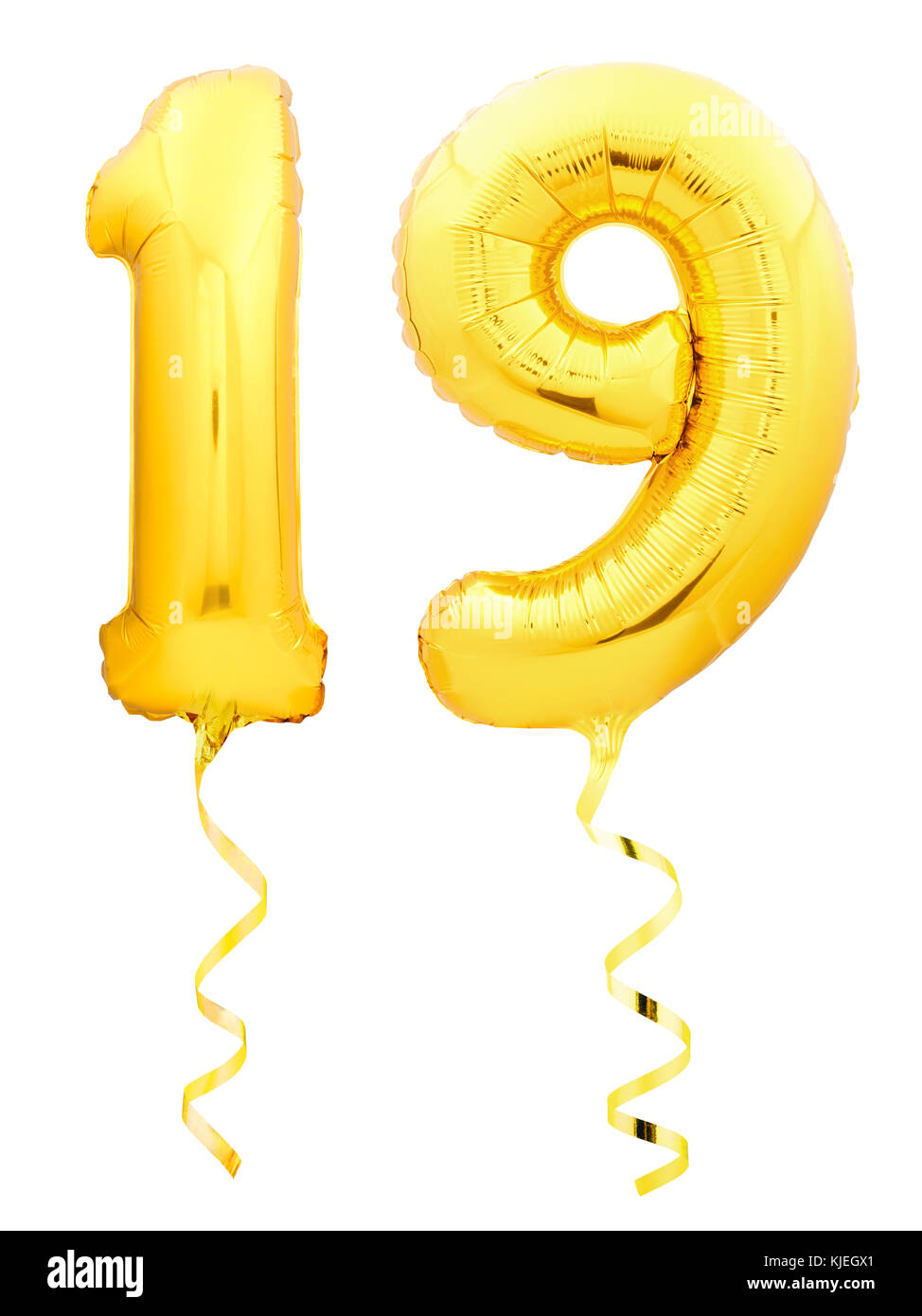 Golden number 19 nineteen made of inflatable balloon with golden ribbon ...