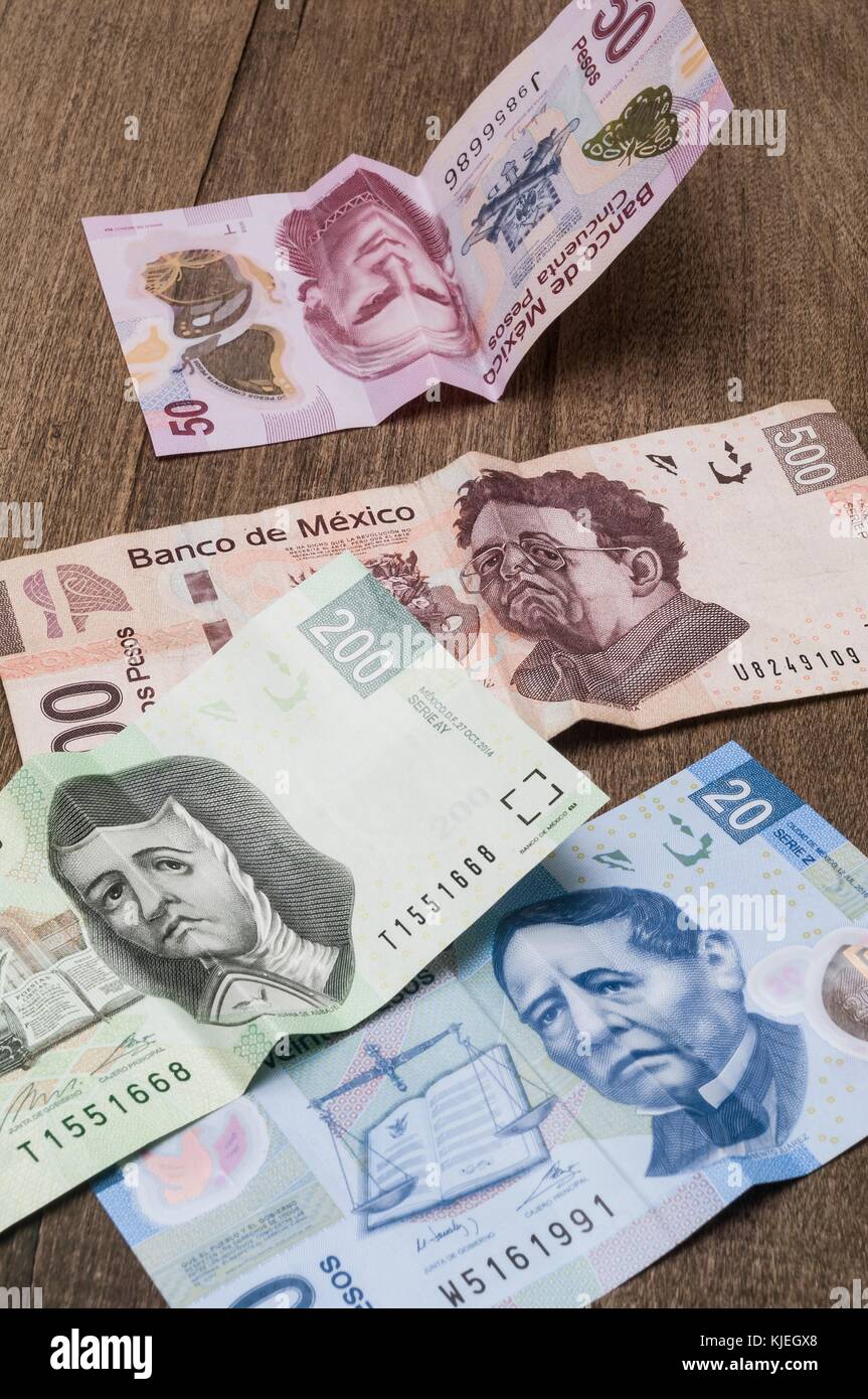 20, 50, 200 and 500 mexican pesos bills appear to be sad. Stock Photo