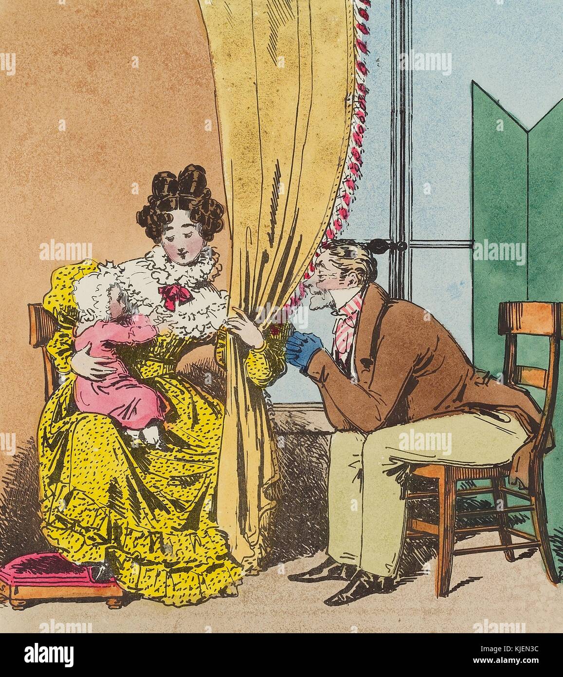 A lithograph entitled Maternal Care, a woman is holding an infant on her lap while she uses a curtain to help the man playing peekaboo with the child, the woman wears a yellow dress while the man is in a brown jacket and tan pants, 1849. From the New York Public Library. Stock Photo