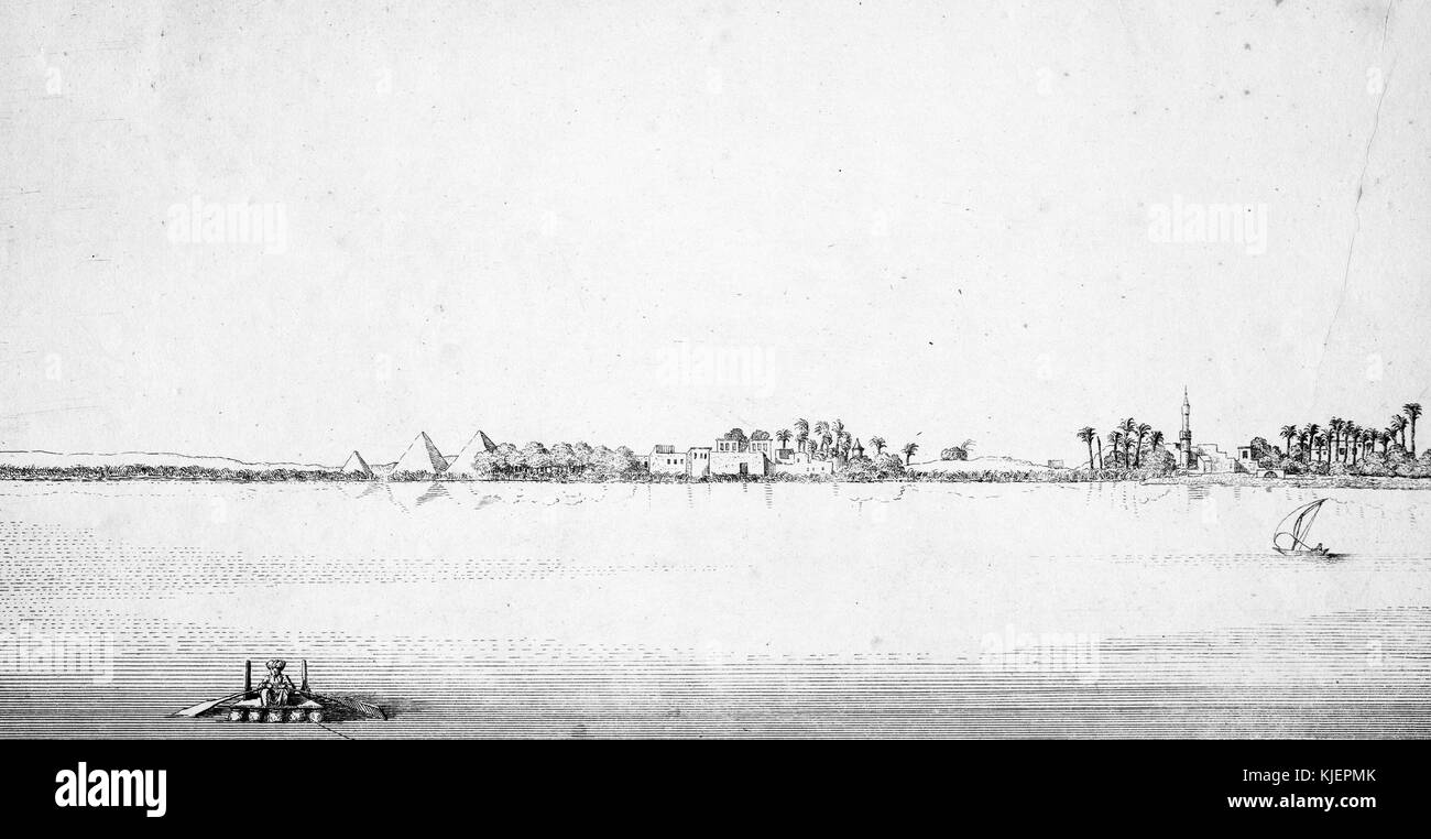 An illustration providing a view of Giza from the Nile River, a man on log and plank raft is seen rowing in the foreground while a small sailboat can be seen on the river on the right hand side, the city of Giza can be seen across the river in the background, the three pyramids are visible to the left of center of the image, buildings, palm trees and sand are also visible in and around the city, Egypt, 1780. From the New York Public Library. Stock Photo