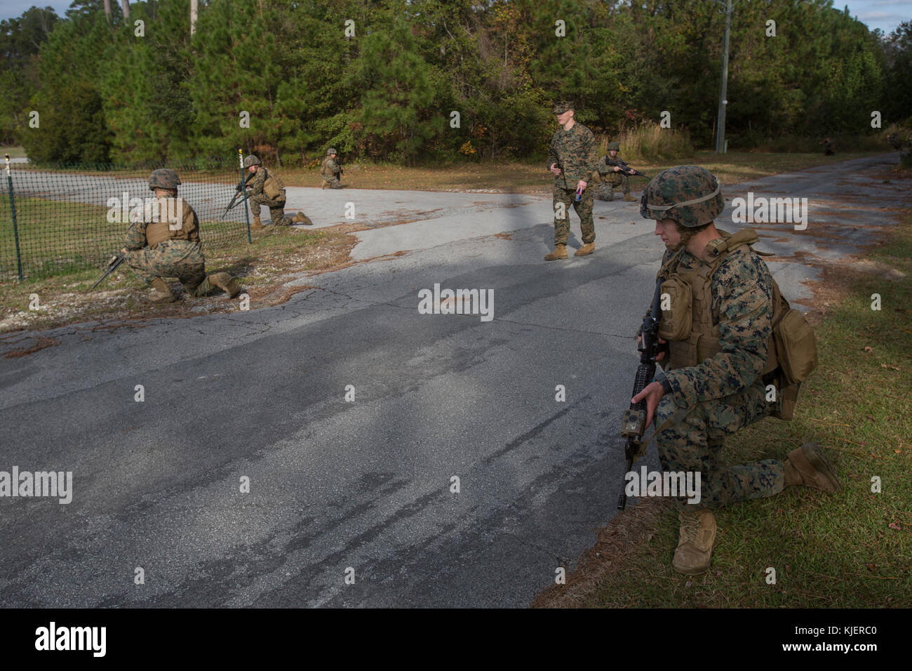 Artillery Marines with 2nd Battalion, 10th Marine Regiment set security during a training patrol as they are given instruction on patrolling fundamentals by Sgt. Timothy Buntting, an infantry squad leader with 3rd Battalion, 8th Marine Regiment, at Camp Lejeune, N.C., Nov. 14, 2017. The infantry Marines taught the artillerymen advanced patrolling tactics in preparation for their upcoming deployment. (U.S. Marine Corps photo by Lance Cpl. Ashley McLaughlin) Stock Photo