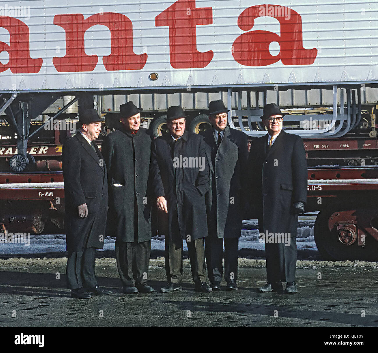 ATSF Officers, Mr, Maish, Chairman; Mr. Reed, President; official of Essex Wire; Mr. Caiazza, VP Traffic; Mr, Shelton, VP Operations, inaugural of Super C train Corwith Yard on Jan. 17, 1968 02 (22535995740) Stock Photo
