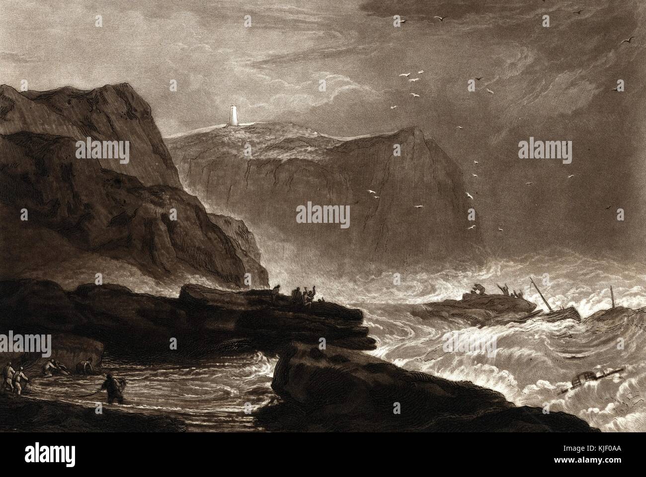 An engraving from a painting of violent seas crashing against the face of a cliff, men are shown on top of rocks and in a pool at the base of the cliff, other men are shown still in a boat that is washed up on to rocks near the cliff, other boats in the water seem to be in the process of being sunk by waves and rocks, a lighthouse can be seen at the top of the cliff, the cliff face depicted is near Whitby, Yorkshire, England, 1811. From the New York Public Library. Stock Photo