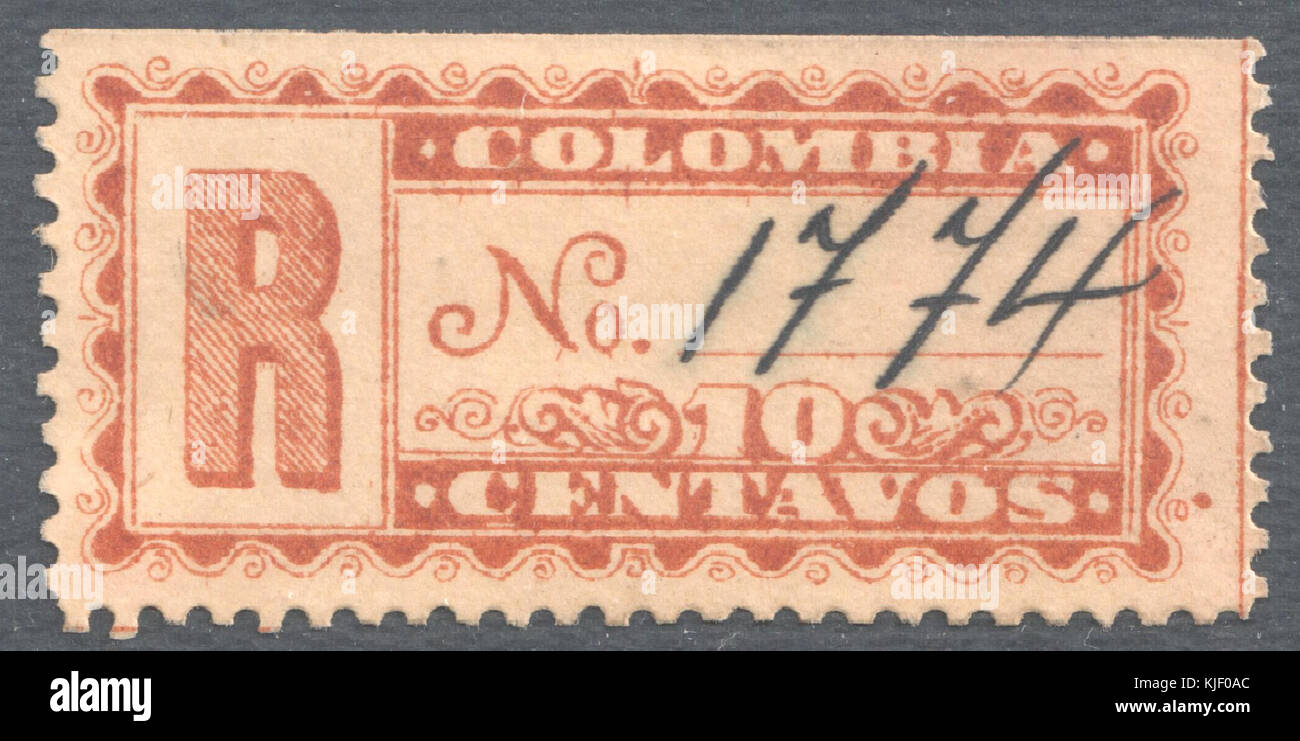 This is an image of the 1892 Colombian stamp ScF12, a significant piece in philatelic history. It shows the use of postage during the late 19th century in Colombia. Stock Photo