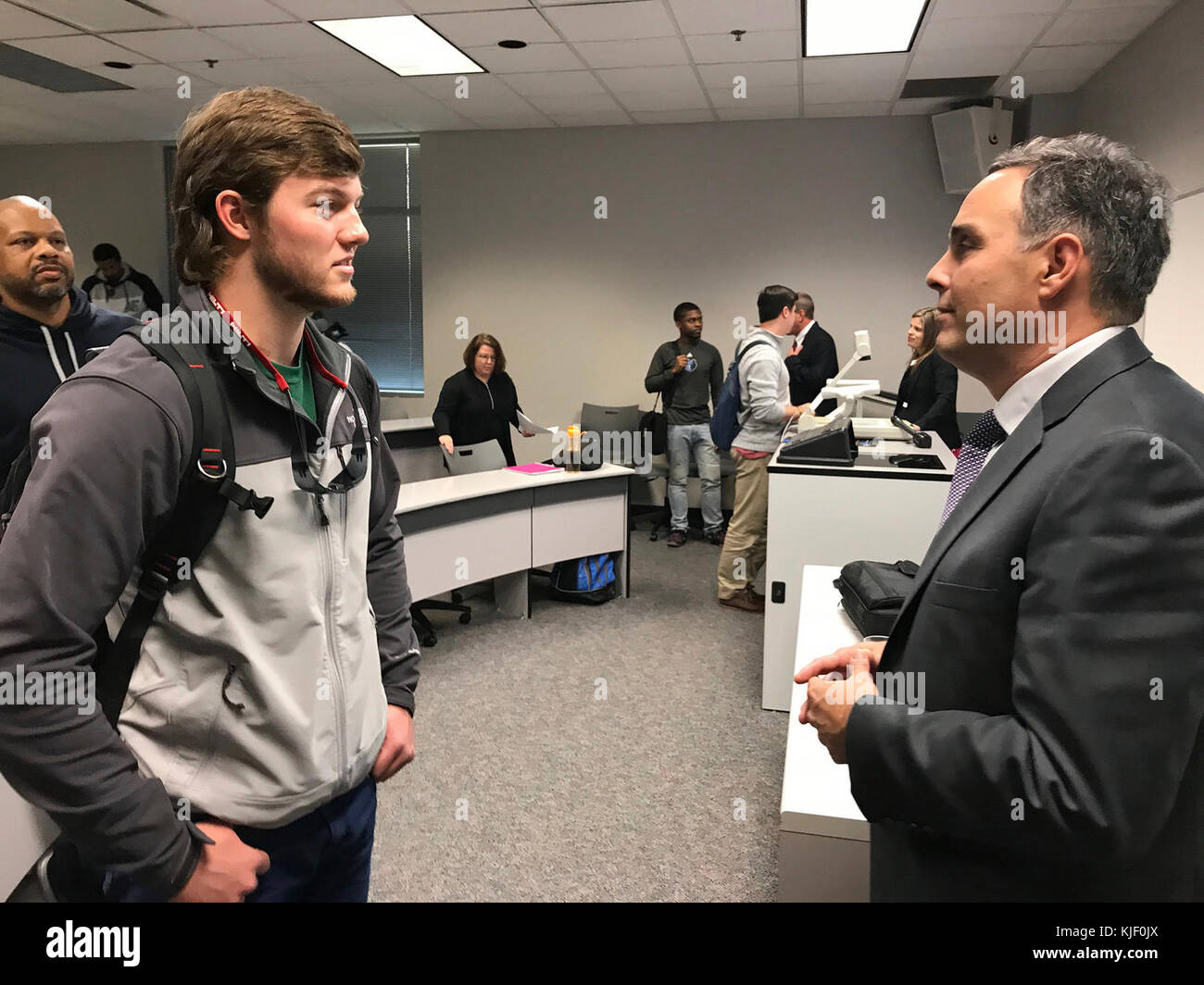 Eric Crafton, Real Estate Technical Resources Branch chief speaks to a real estate student attending a real estate class Nov. 14, 2017 at Middle Tennessee State University in Murfreesboro, Tenn.  They were on a focus group for area professionals on campus. Stock Photo