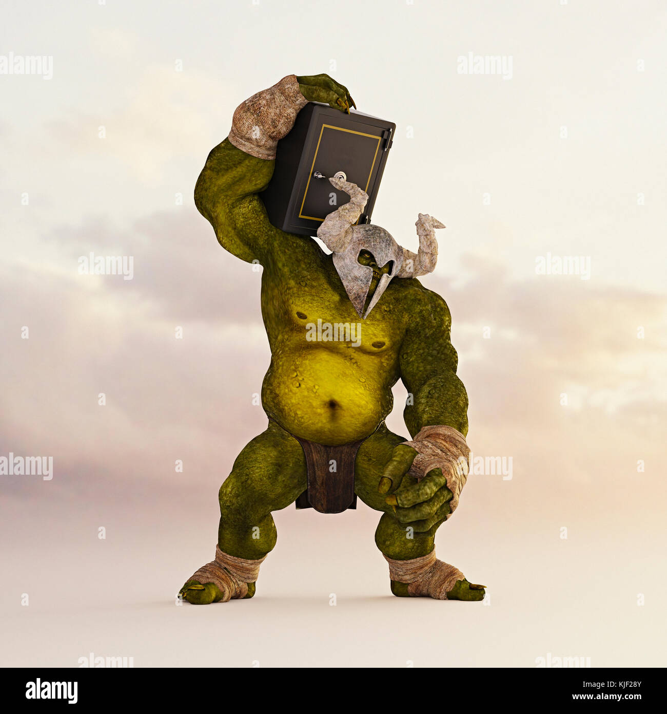 Giant green ogre carrying safe on shoulder Stock Photo