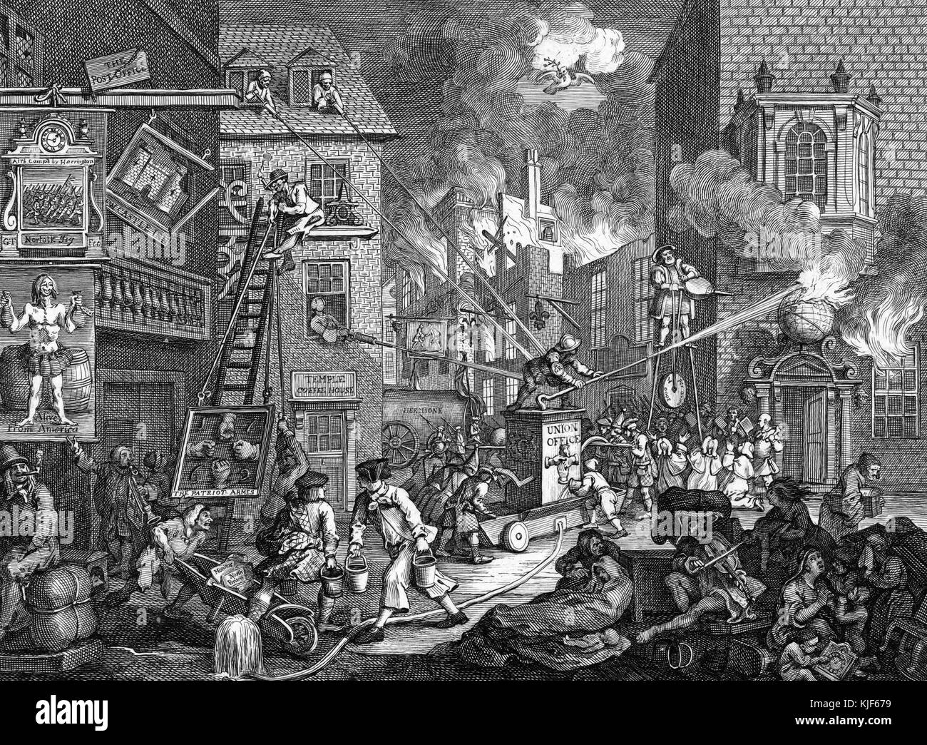 Engraving on paper, titled 'The Times, Plate 1', depicting a fire in the background buildings, a fire engine occupies the center of the scene, above the engine flies a dove of peace, in the foreground to the right are the refugees who have fled the European war, a man plays his fiddle, a Dutch merchant happily smokes his pipe to the lower left corner, by William Hogarth, 1762. From the New York Public Library. Stock Photo