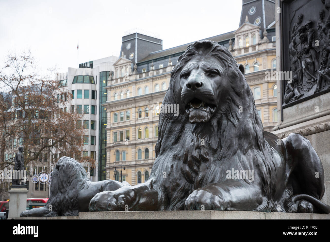 Lion statues at Trafalgar Square - London, UK Stock Photo