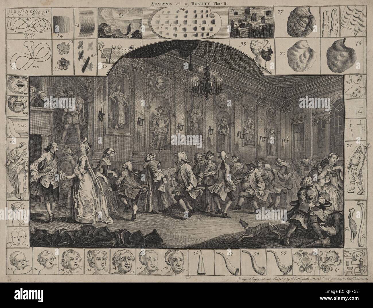 Engraving on Paper, titled 'The Analysis of Beauty, Plate II', depicting a large group of men and women in a room dancing, different drawings of faces, horns, bones, bodies, along the edge of the engraving, by William Hogarth, 1753. From the New York Public Library. Stock Photo