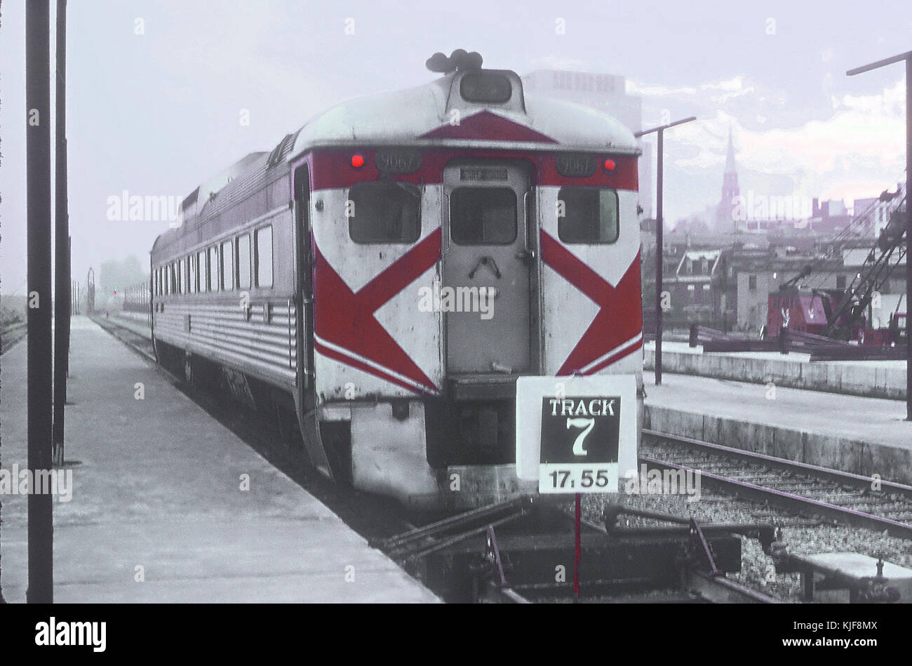 Canadian Pacific RDC 9067 at Windsor Station in Montreal, the spire of ...