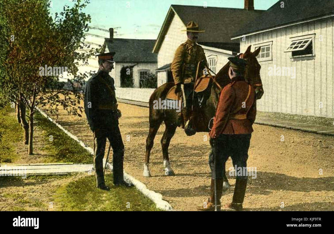 Postcard of Royal North West Mounted Police officers at the Macleod