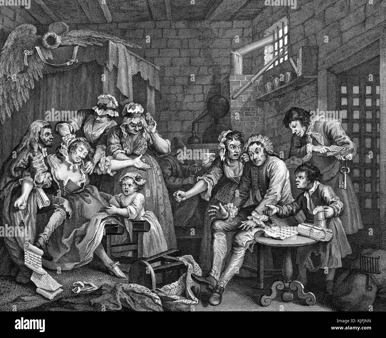 Etching and engraving on paper, titled, 'A Rake's Progress, Plate 7, The Rake, Tom Rakewell sits dumbfounded in a debtor's prison', depicting a group of people in a room, some children, a woman being awakened with salts after having fainted, by William Hogarth, 1735. From the New York Public Library. Stock Photo