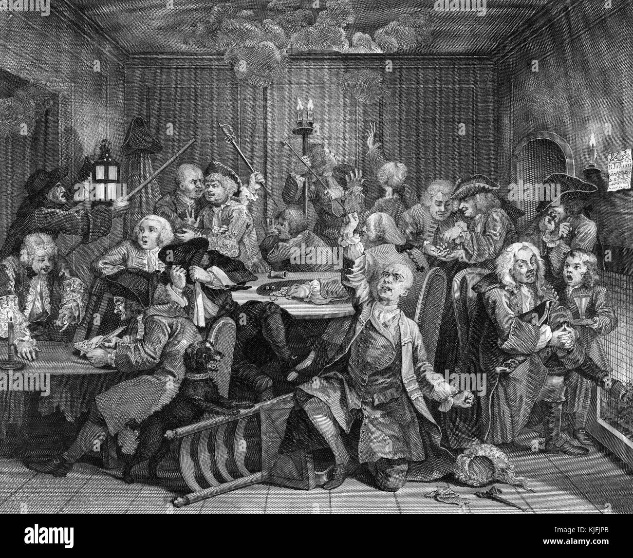 Etching and engraving on paper, titled 'A Rake's Progress, Plate 6, Tom Rakewell's gambling, second inevitable loss of fortune', depicting a group of people in a room, sitting at tables gambling, some gesturing at smoke coming from the ceiling, by William Hogarth, 1735. From the New York Public Library. Stock Photo
