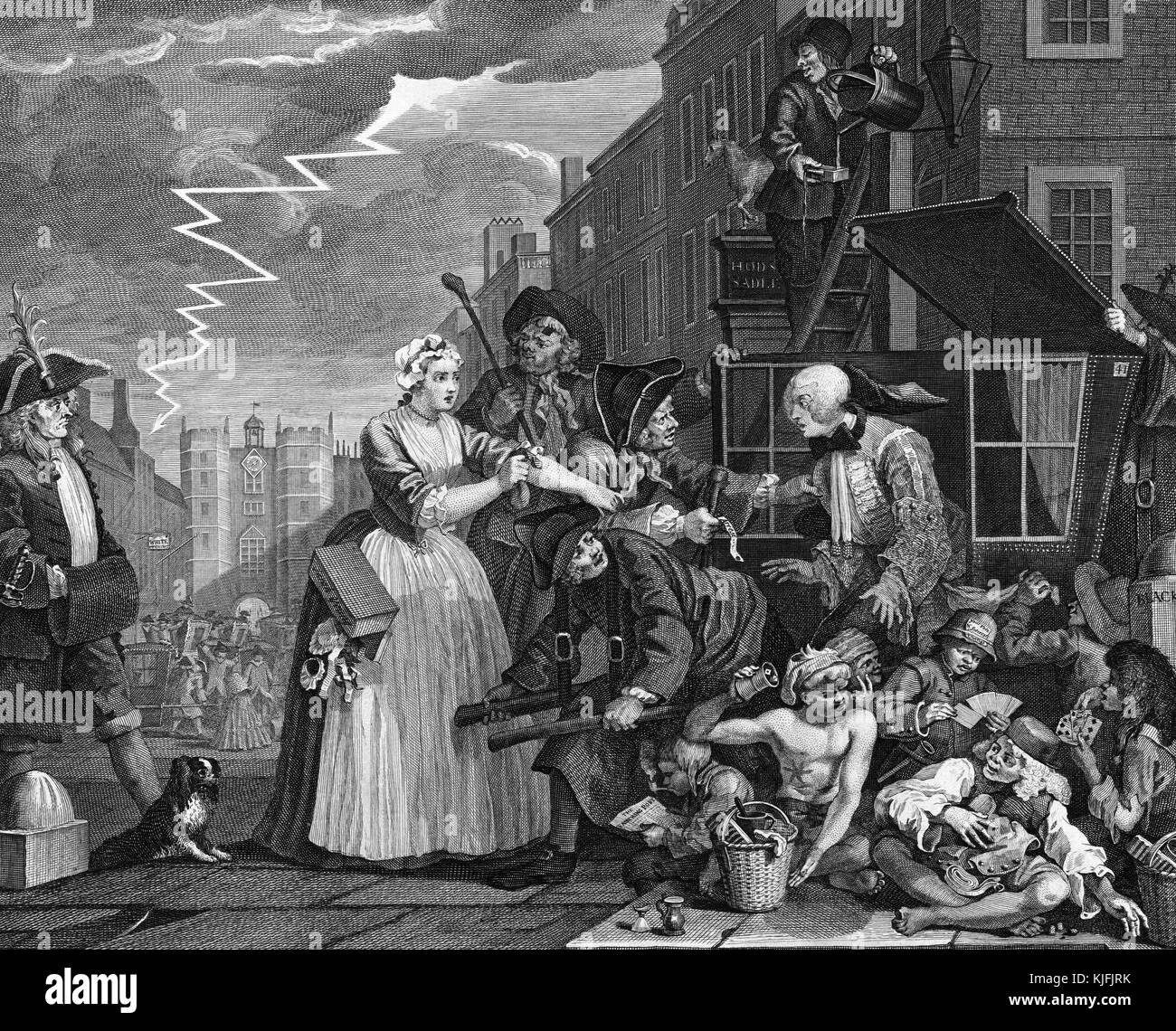 Etching and engraving on paper depicting a scene in Saint James's Street with a man emerging from a sedan-chair to be arrested for debt; figures in the foreground include a Welshman, Sarah Young dropping her seamstress's box as she offers a purse of money, a lamp-lighter carelessly spilling oil, and a group of street-boys who gamble with dice and cards beside a post labelled 'Black', in the distance is the gate of Saint James's Palace with a crowd of sedan-chairs approaching to celebrate the birthday of Queen Caroline, a streak of lightning flashes across the sky, by William Hogarth, 1735. Fro Stock Photo