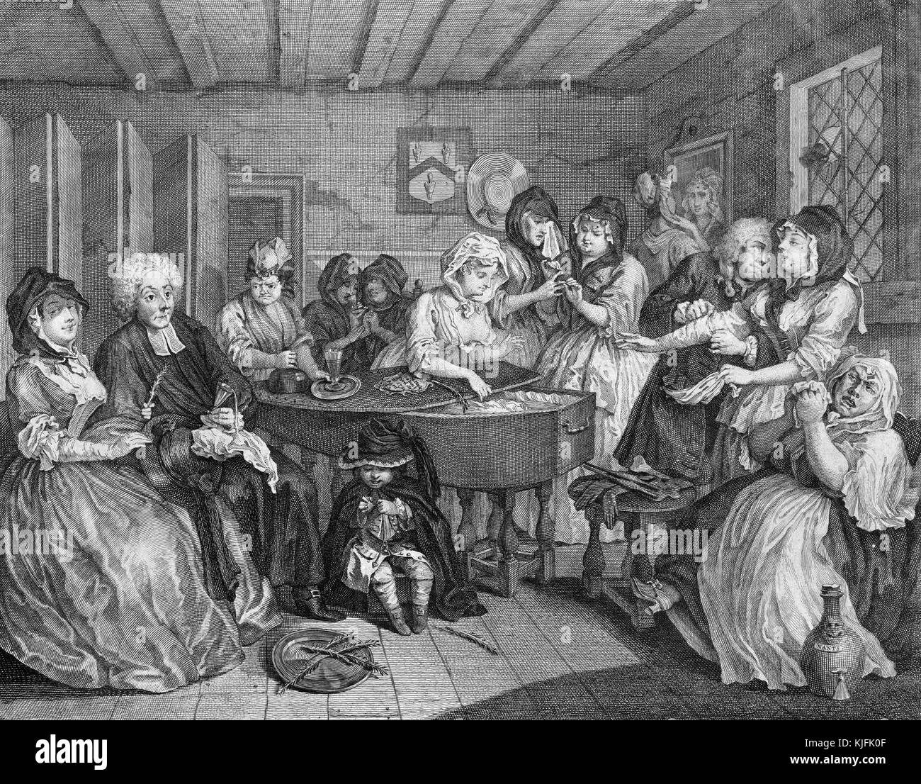 Engraving on paper, titled 'A Harlot's Progress, Plate 6, Moll's Wake', depicting a room full of women, some mourning, around an open coffin, most drinking, by William Hogarth, 1732. From the New York Public Library. Stock Photo