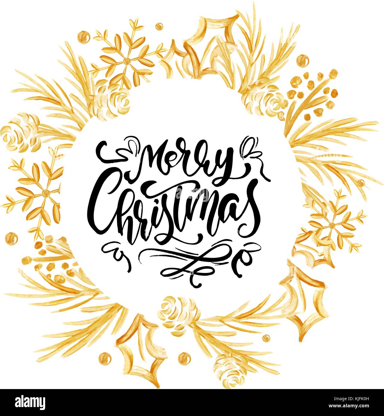 Merry Christmas Calligraphy Lettering text and a gold wreath with fir ...