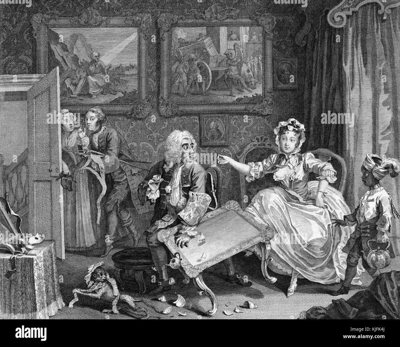 Engraving on paper, titled 'A Harlot's Progress, Plate 2, Moll is now a kept woman, the mistress of a wealthy merchant', she keeps a West Indian serving boy and a monkey, there are jars of cosmetics, and a mask from masquerades, by William Hogarth, 1732. From the New York Public Library. Stock Photo