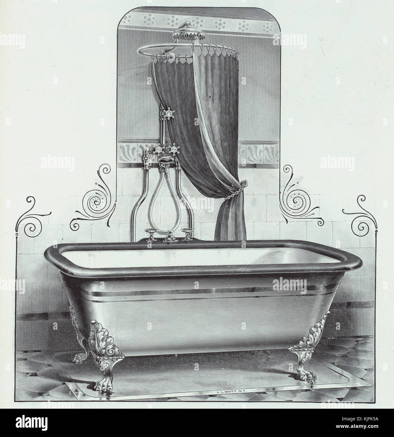 Illustration for an advertisement, showing a claw foot tub with fittings for a shower, titled 'Mott's porcelain-lined Roman baths, with supply fittings and unique waste, Plate 1102-G', published by JL Mott Iron Works, New York, 1885. From the New York Public Library. Stock Photo