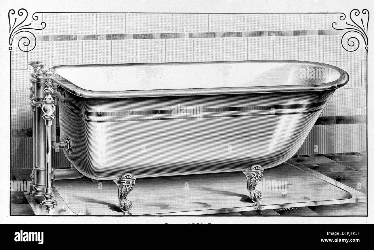 An illustration from a JL Mott Iron Works catalog that features a porcelain lined claw foot bath tub, the tub is shown as being installed in a tiled bathroom, 1885. From the New York Public Library. Stock Photo
