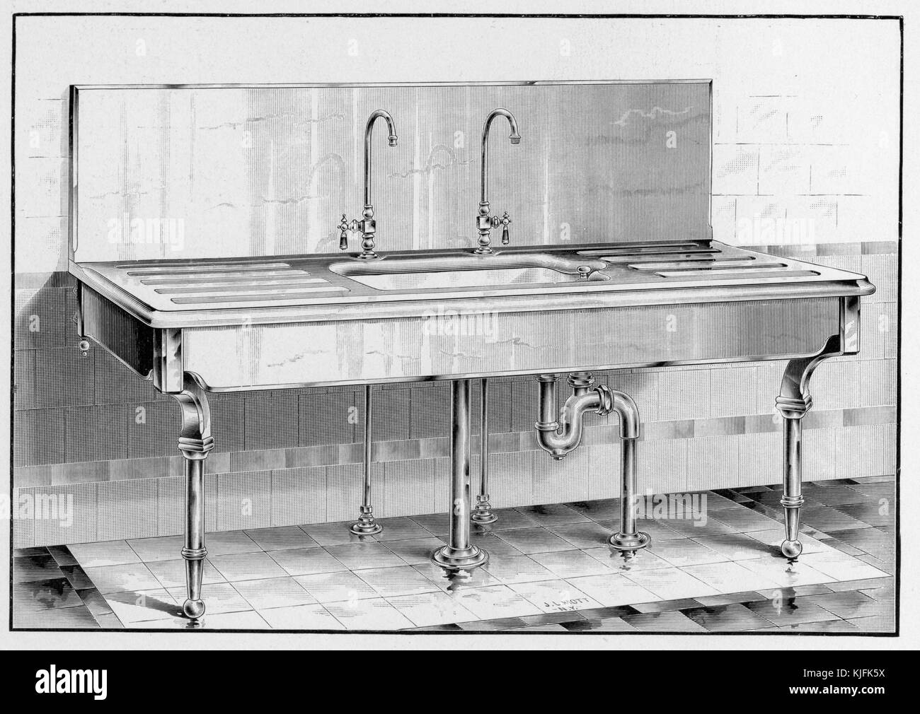 An illustration from a JL Mott Iron Works catalog featuring a large sink, the single basin sink features two tall faucets and work space on bath sides, it is composed of porcelain and metal, 1885. From the New York Public Library. Stock Photo