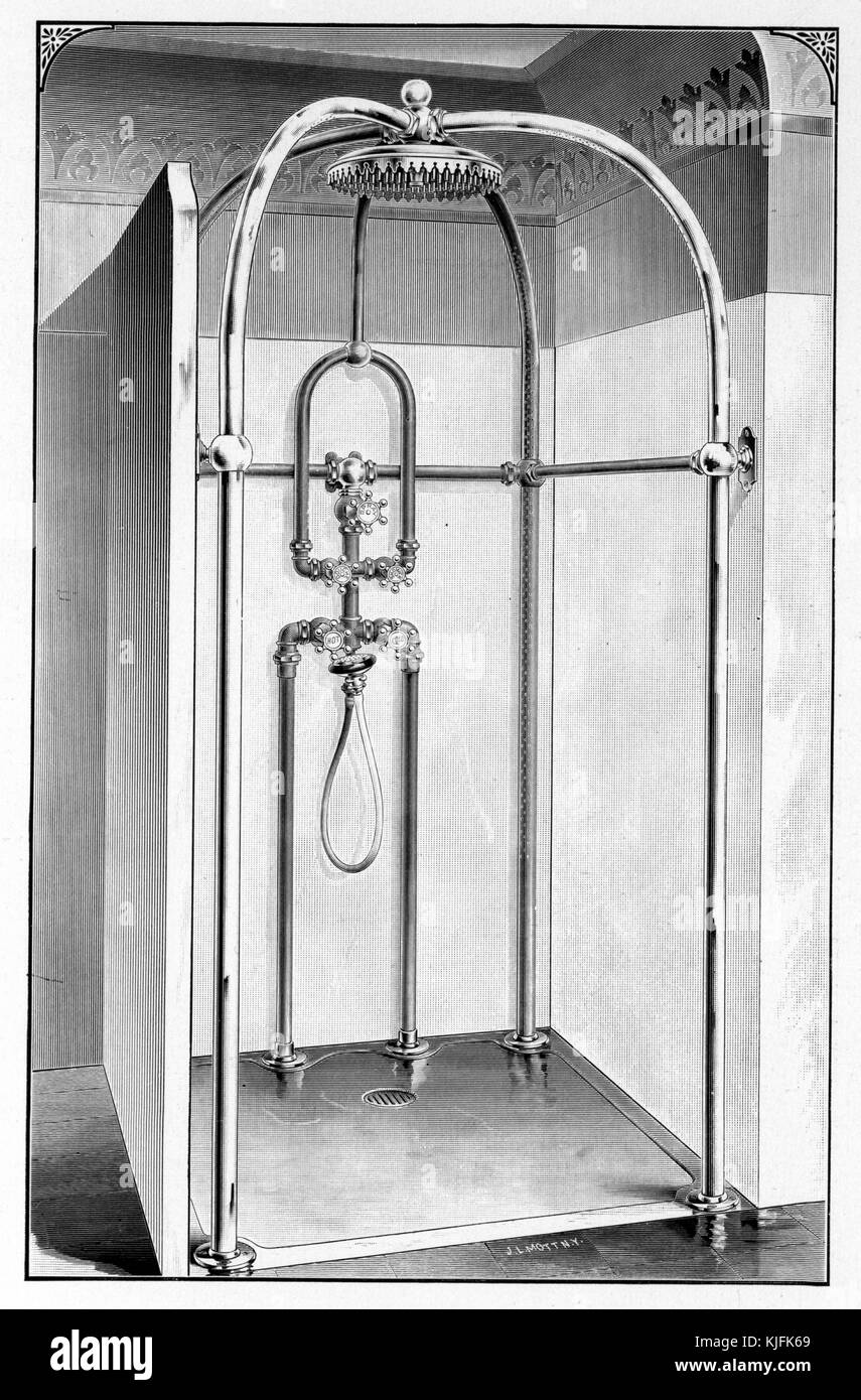 An illustration from a JL Mott Iron Works catalog depicting a shower