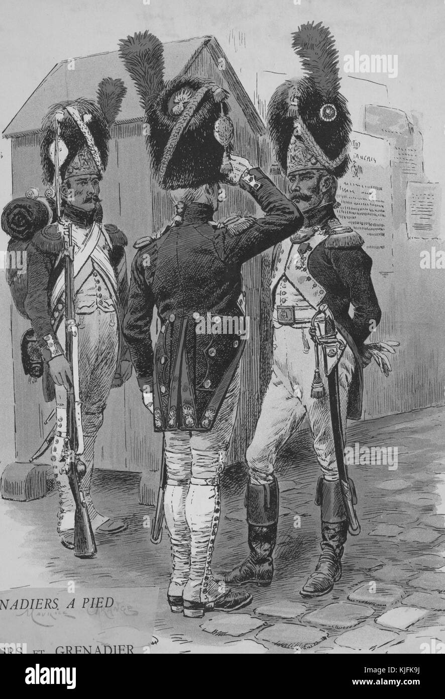 A colored illustration depicting three French Grenadiers, the Grenadier on the right is the highest ranking soldier in the drawing as he is receiving a salute from the solider in the middle, but not returning it, the soldier on the left is the lowest rank as he stands at attention and carries equipment for camping, he also has a less ornate uniform, 1744. From the New York Public Library. Stock Photo