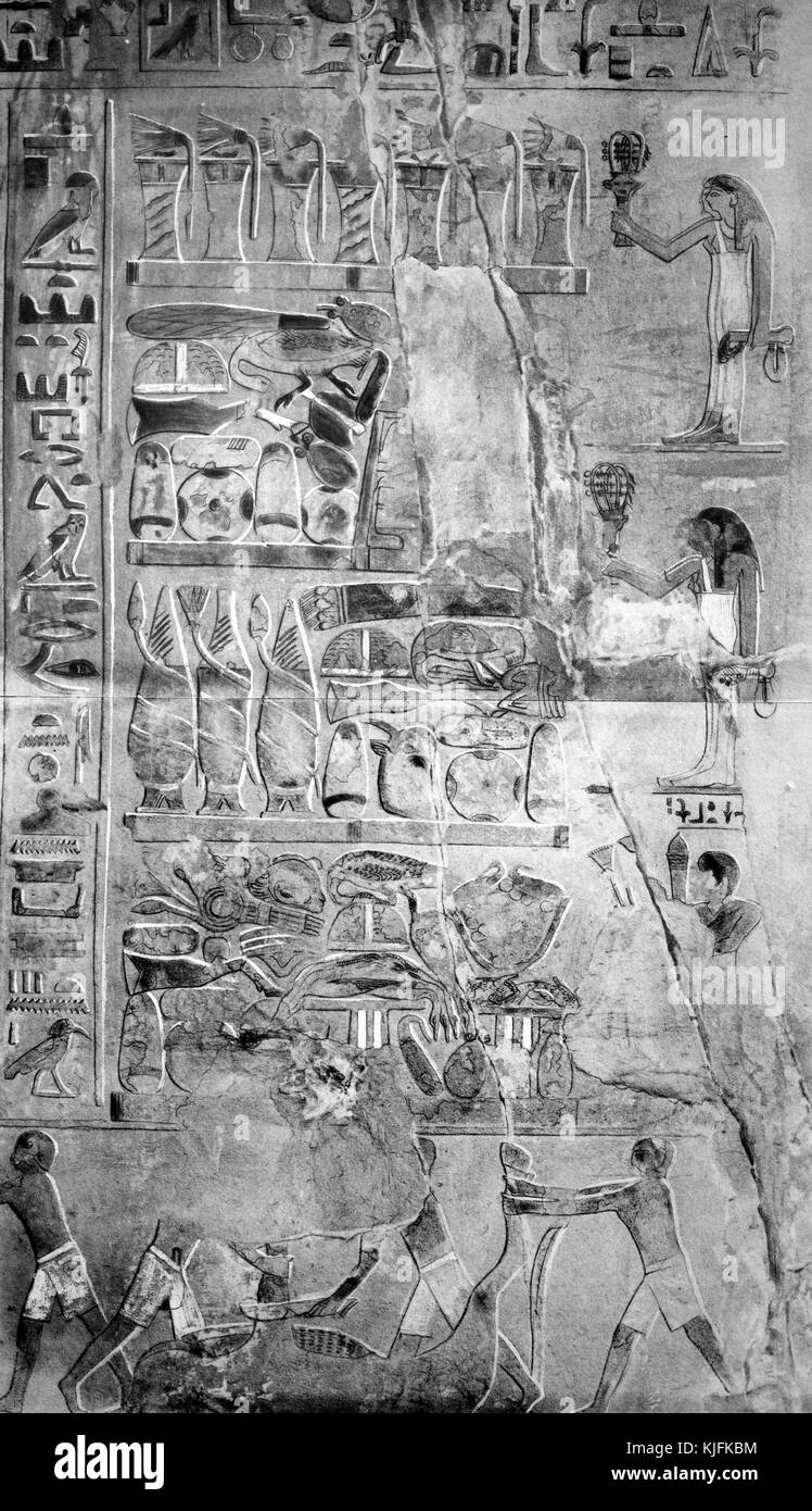 A photograph of an ancient Egyptian wall painting, it depicts several figures playing instruments before collections of offerings, other figures at the bottom are sacrificing an animal, Egypt, 1895. From the New York Public Library. Stock Photo