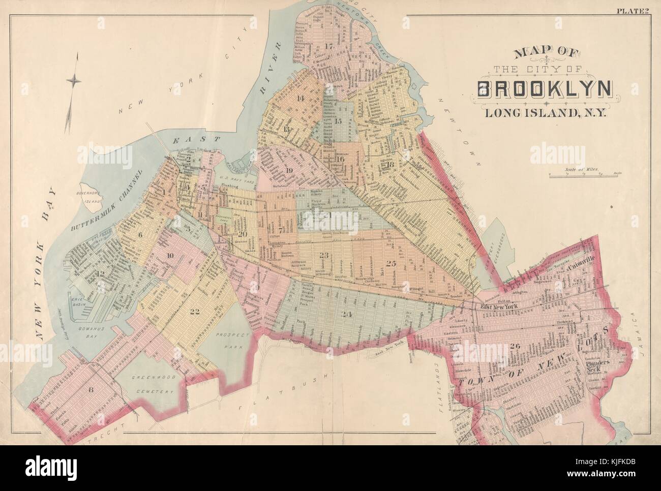 A vintage map of the City of Brooklyn, the map depicts the outline of the City of Brooklyn as it appeared at the time of publication, it includes 26 different neighborhoods in to which the borough was then divided, New York, 1891. From the New York Public Library. Stock Photo