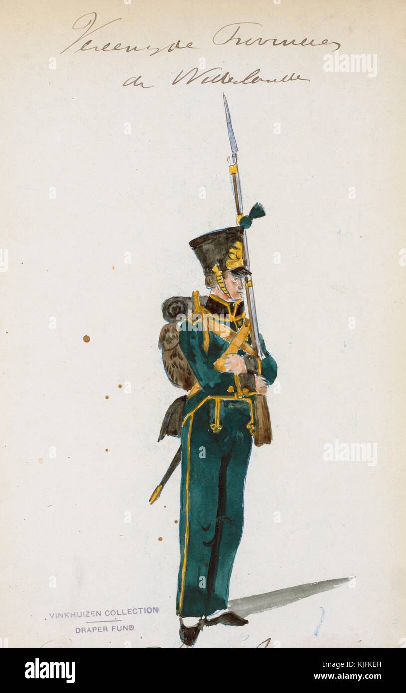 A painting of a infantryman from the United Provinces of the Netherlands, he is depicted as wearing a blue-green uniform that has gold piping used for detail, his backpack is made of fur and he carries a sword and a rifle with an attach bayonet, 1900. From the New York Public Library. Stock Photo