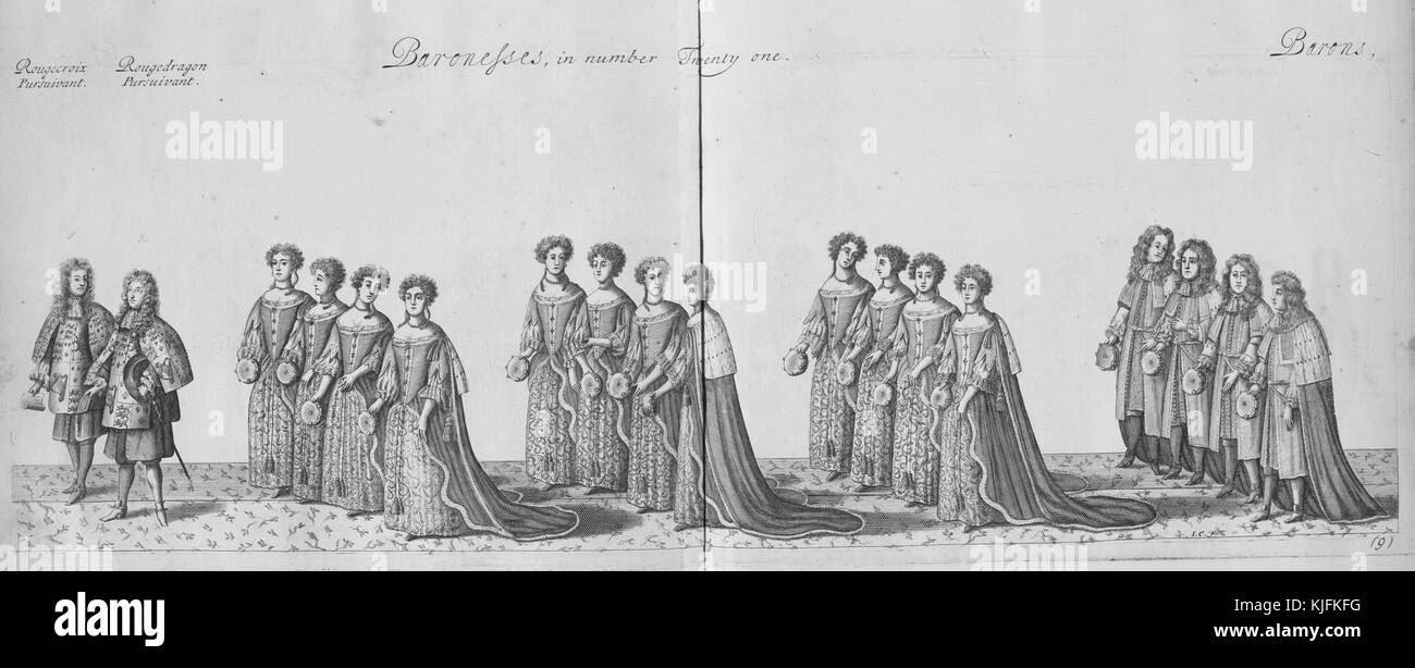 An engraving that involves members of British nobility, the two men on the left are pursuvaints who are members of the College of Arms, they have authority over matters of such as heraldry and coats of arms, there are twelve Baronesses following behind them, who are in turn followed by four barons, all of the people involved are depicted as wearing clothing identical to the other people of their classification, 1687. From the New York Public Library. Stock Photo