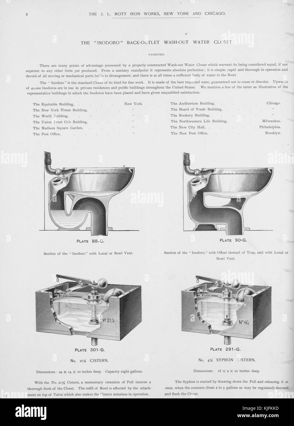 The 'Inodoro' back-outlet wash-out water closet, diagram from a catalog, 1885. From the New York Public Library. Stock Photo
