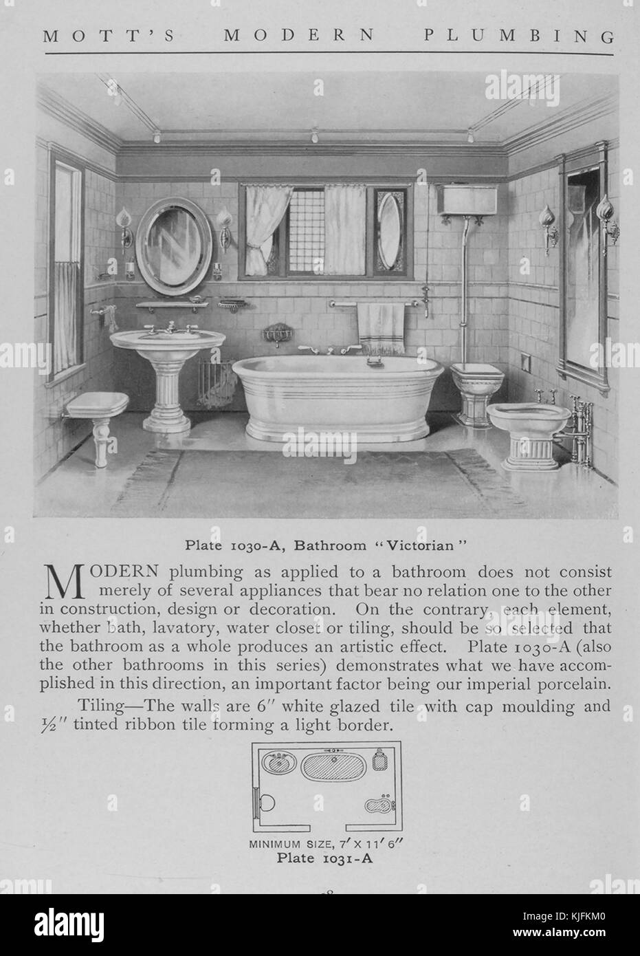 Bathroom, Victorian style, 1911. From the New York Public Library. This plate is from Motts Modern Plumbing, a catalog depicting different styles of bathroom fixtures. Stock Photo