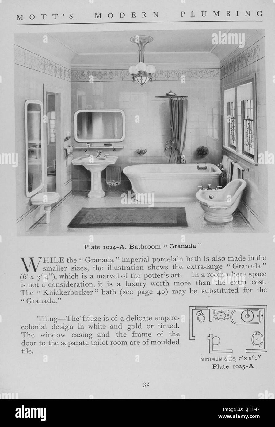 Bathroom, Granada style, 1911. From the New York Public Library. This plate is from Motts Modern Plumbing, a catalog depicting different styles of bathroom fixtures. Stock Photo
