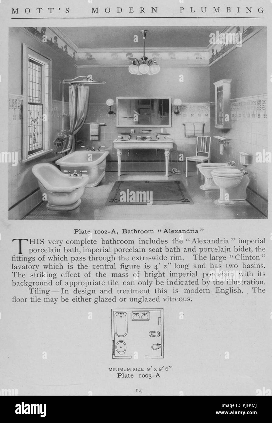 Bathroom, Alexandria style, 1911. From the New York Public Library. This plate is from Motts Modern Plumbing, a catalog depicting different styles of bathroom fixtures. Stock Photo