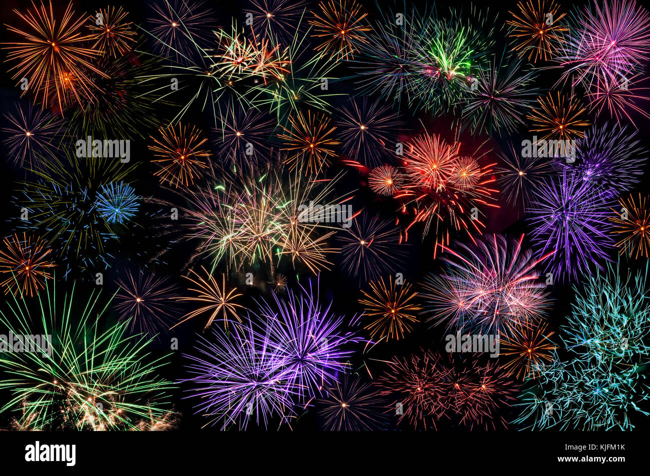 Colorful fireworks on the black background. Can be used as abstract background or wallpaper Stock Photo