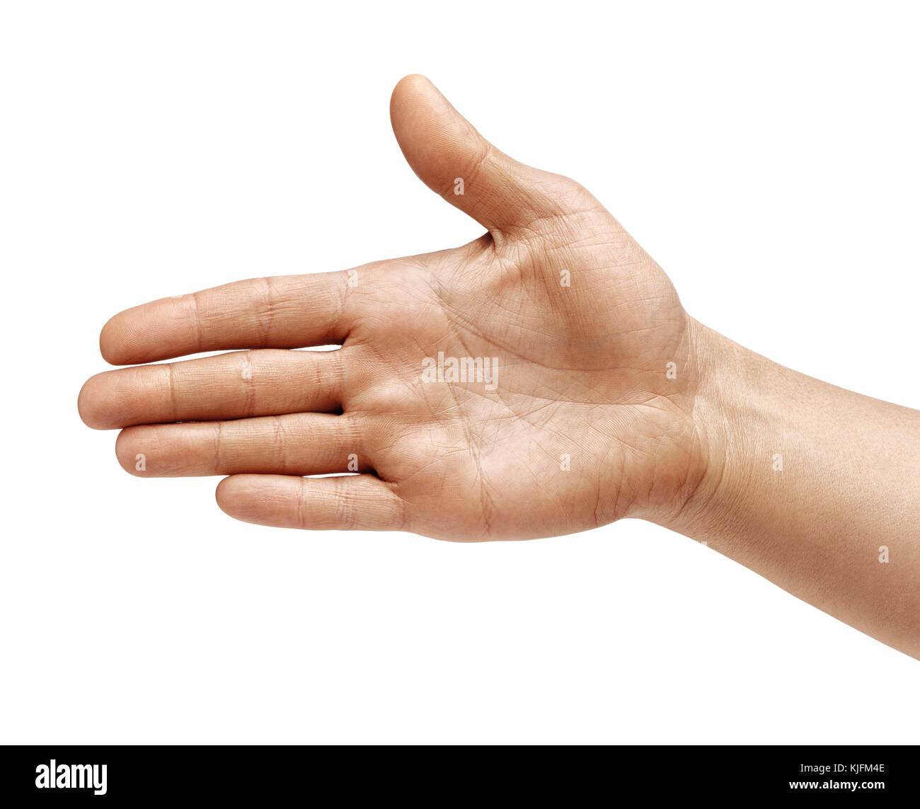 Man's hand outstretched in greeting isolated on white background. Close up. High resolution product Stock Photo