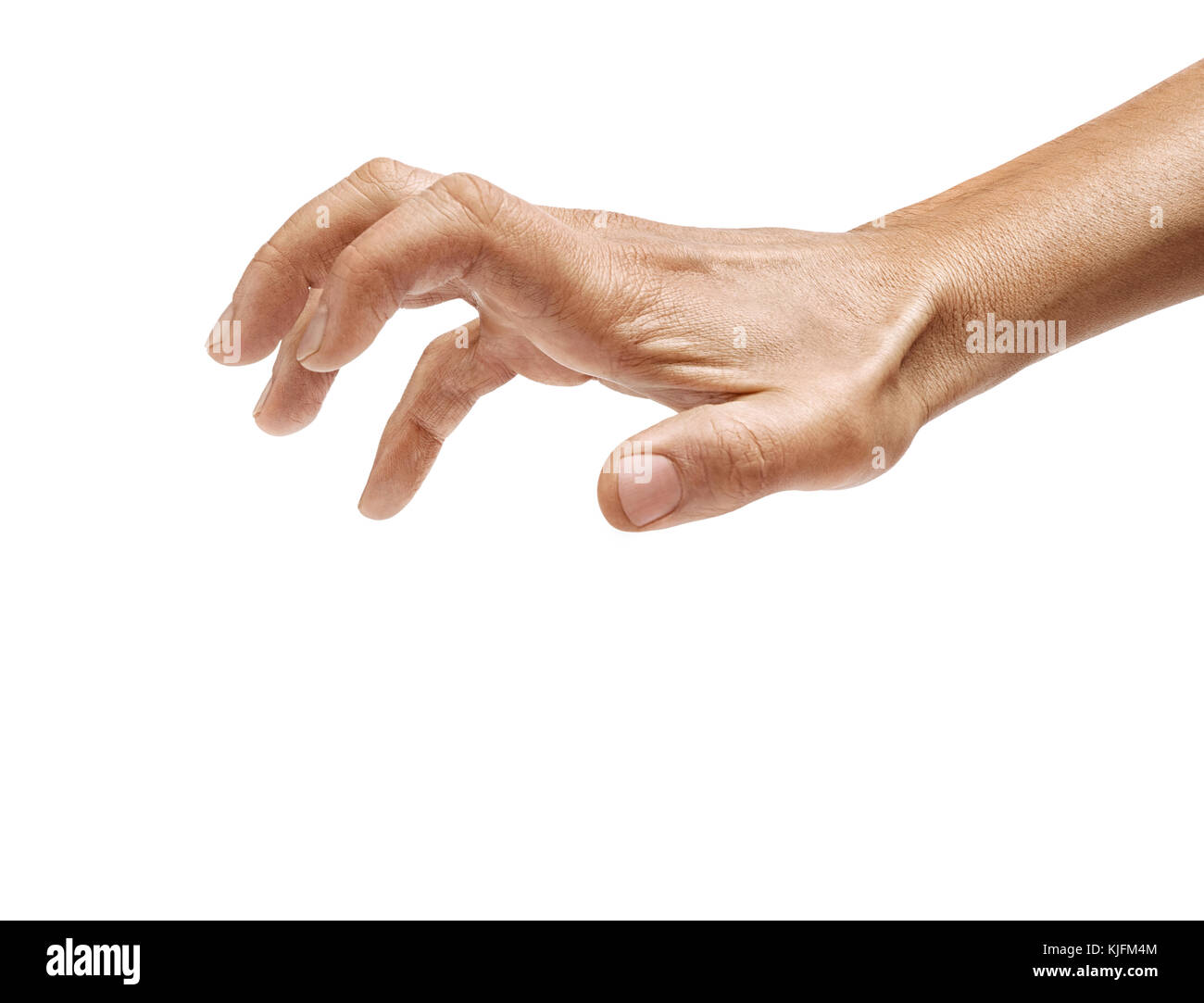 Man's hand grabbing to something isolated on a white background. Close up. High resolution product Stock Photo