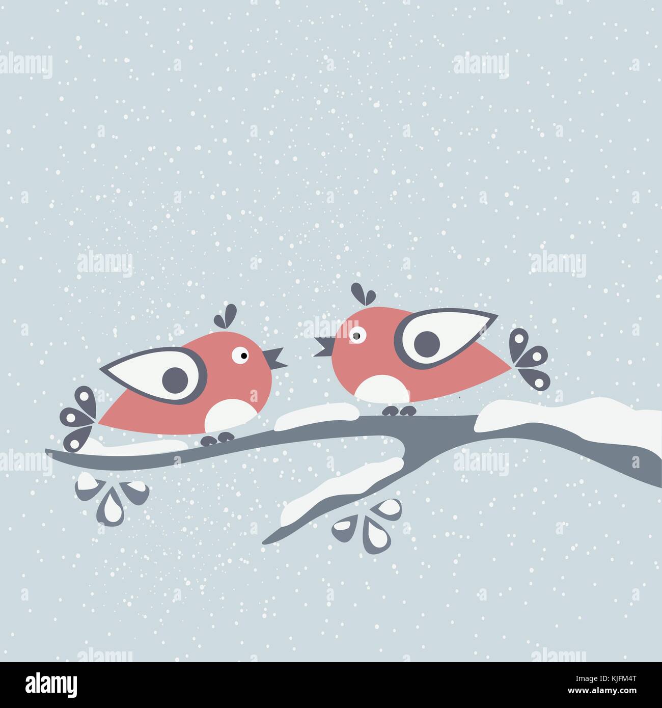 Cute Birds tweeting on a branch covered with snow. Falling Snow Background. Vector Illustration. Stock Vector